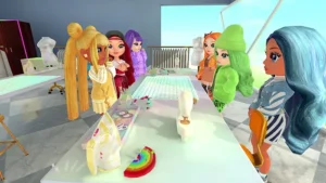 Ruby, Poppy, Sunny, Jade, Skyler and Violet in the Rainbow High Runway Rush videogame