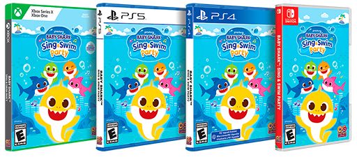 Baby Shark: Sing & Swim videogame with Nintendo, Xbox and PlayStation packshots for the United States and Canada