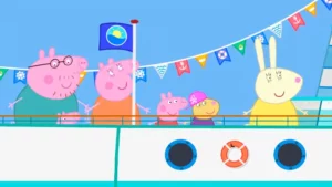 Peppa Pig and her friend on a cruise ship with Daddy Pig, Mummy pig, George and Ms Rabbit in Peppa Pig World Adventures