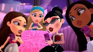Cloe, Yasmin, Jade, and Sasha are sitting together on their phones in Bratz Flaunt Your Fashion videogame