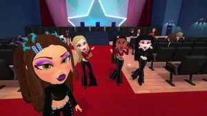 Cloe, Yasmin, Jade, and Sasha wearing outfits from The Girls Nite Out Fashion Pack in the Bratz Flaunt Your Fashion Videogame