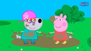 Peppa Pig playing in a muddy puddle in My friend Peppa Pig the videogame.