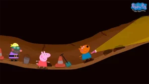 Peppa Pig and her friends walking through a tunnel in My Friend Peppa Pig: Pirate Adventure DLC